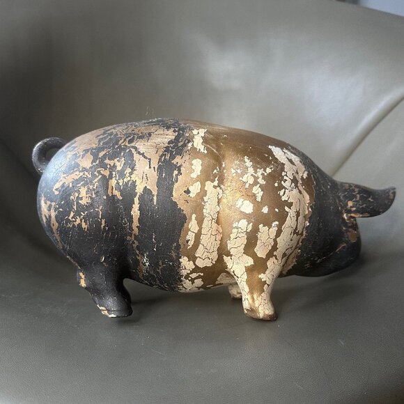 Large 12" Bisque Porcelain Pig Sculpture. Gold Leaf Gilding. Charcoal Grey Paint - Picture 4 of 9